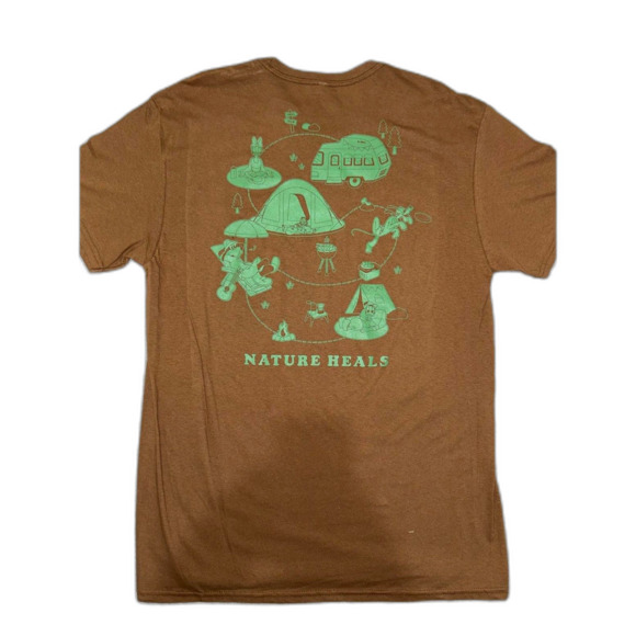 Disney Mickey Mouse Camping T-Shirt Brown Camping Nature Heals - Picture 1 of 4